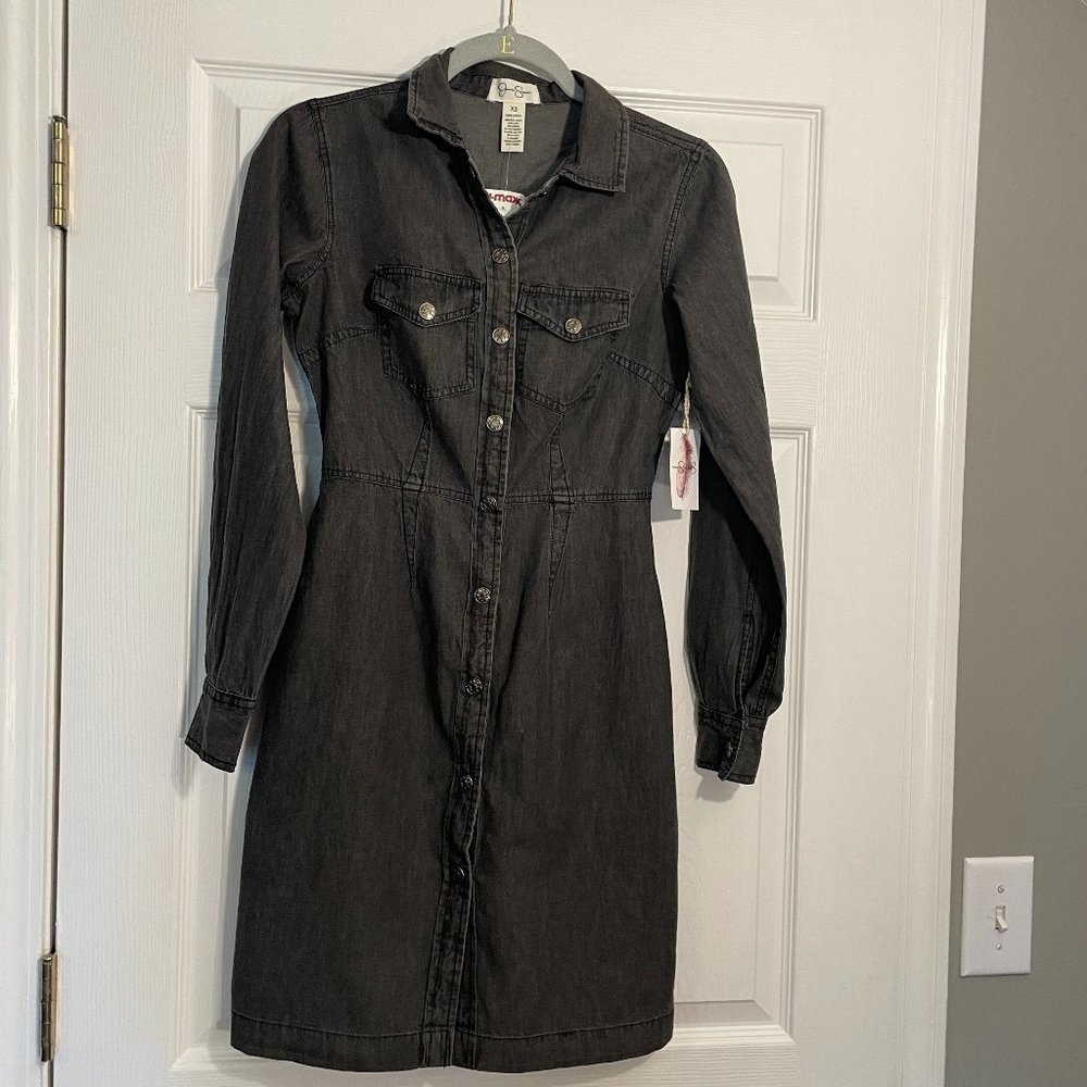 NWT Jessica Simpson Women's Black Washed Long Sleeve Snap Light Denim Dress XS